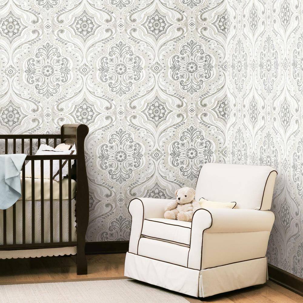 Taupe and Gray Damask Peel and Stick Wallpaper Roll