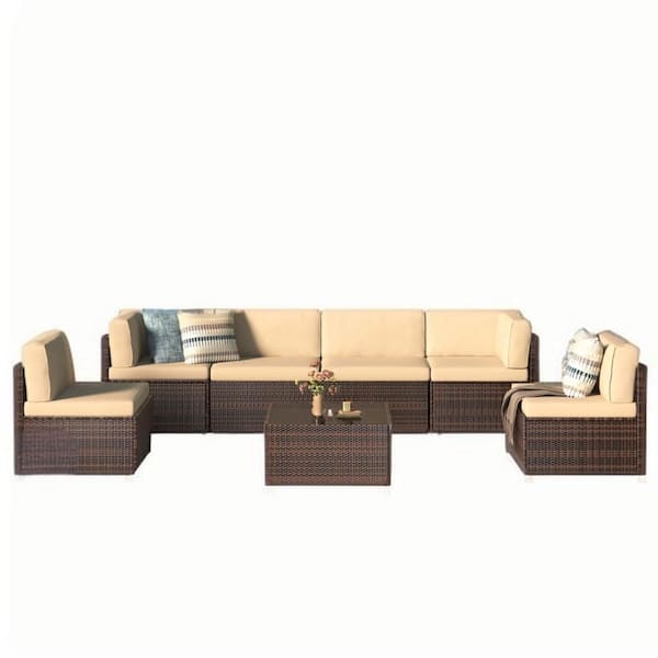 7-Piece Wicker Outdoor Sectional Set with Khaki Cushions, Patio Furniture Sofa Set for Garden, Backyard, Poolside