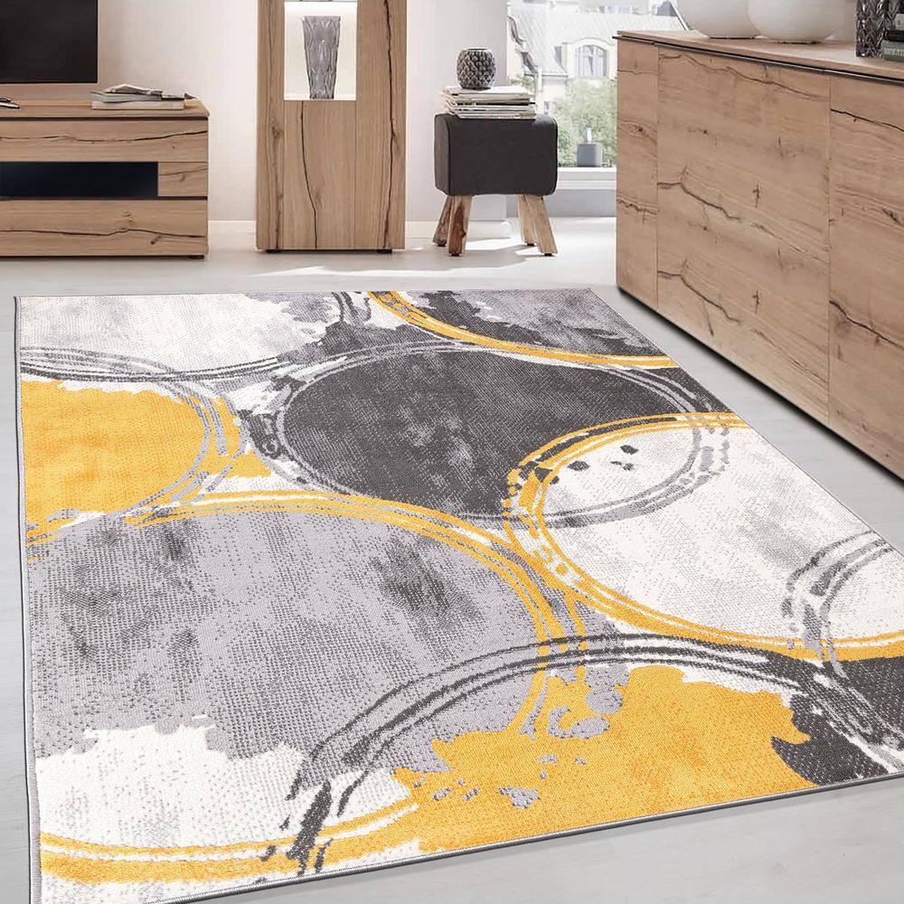 Yellow and Gray Geometric Circles 5' x 7' Synthetic Area Rug