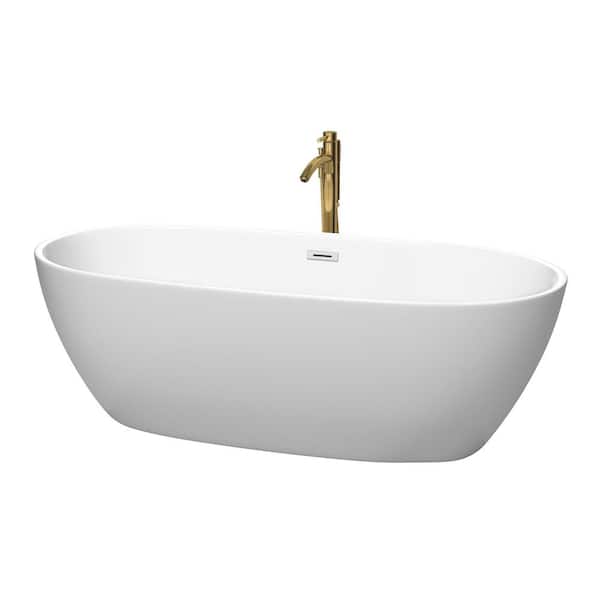Wyndham Collection Juno 71 in. Acrylic Flatbottom Bathtub in Matte White with Polished Chrome Trim and Brushed Gold Faucet