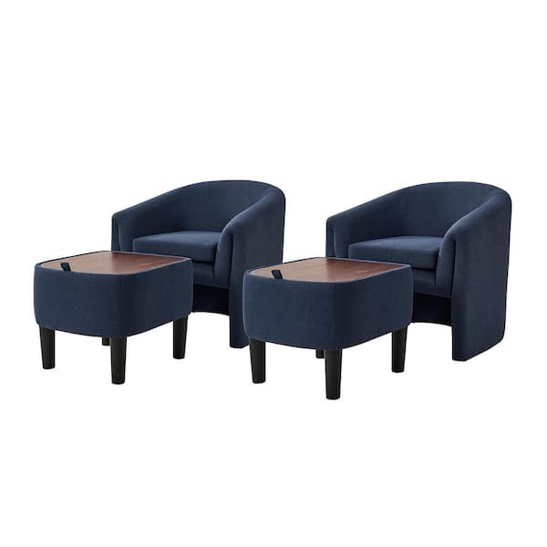 JAYDEN CREATION Zachary Navy Modern Upholstered Armchair with Storable Ottoman and Removable Cushion (Set of 2)