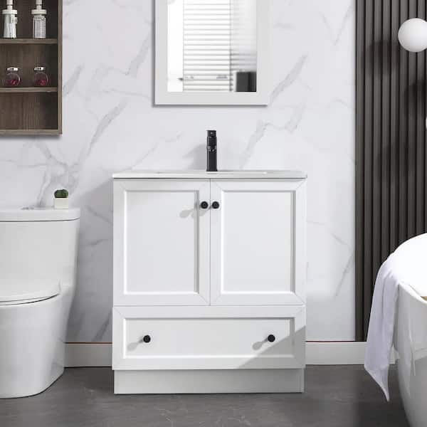eclife 30 in. W x 18.2 in. D x 34 in. H 1-Sink Freestanding Bath Vanity in White With White Ceramic Top and Drain Faucet Set