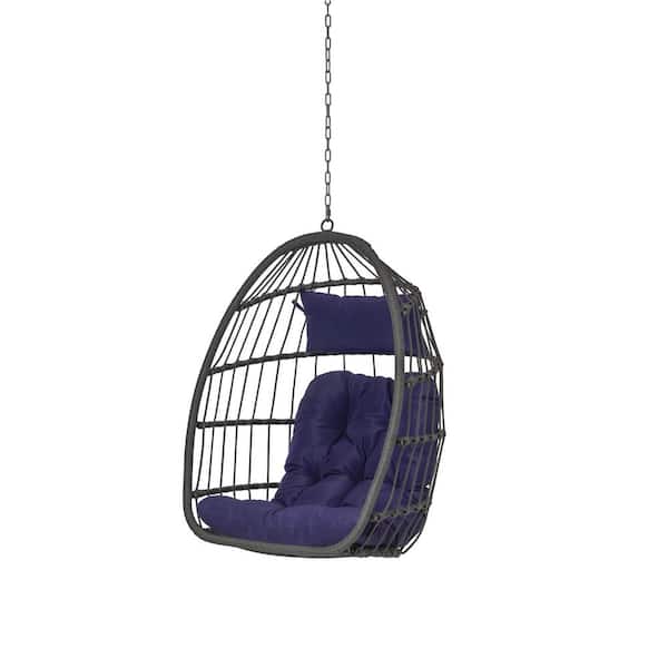 ITOPFOX Foldable 1-Person Wicker Porch Swing without Stand for Indoor Outdoor with Dark Blue Cushion