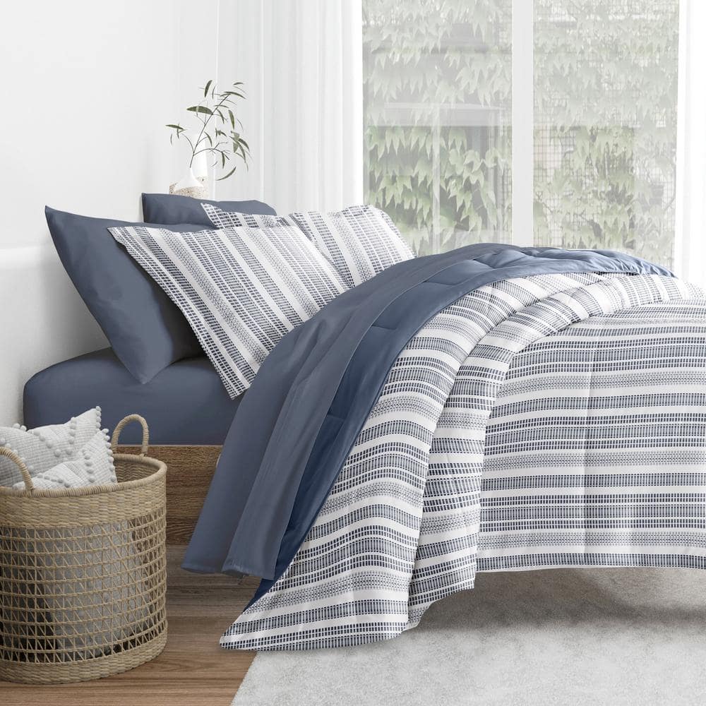Twin Navy Striped Microfiber Down Alternative Bedding Set