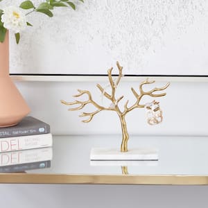 10 in. Gold Marble Tree Jewelry Stand with Rectangular Base