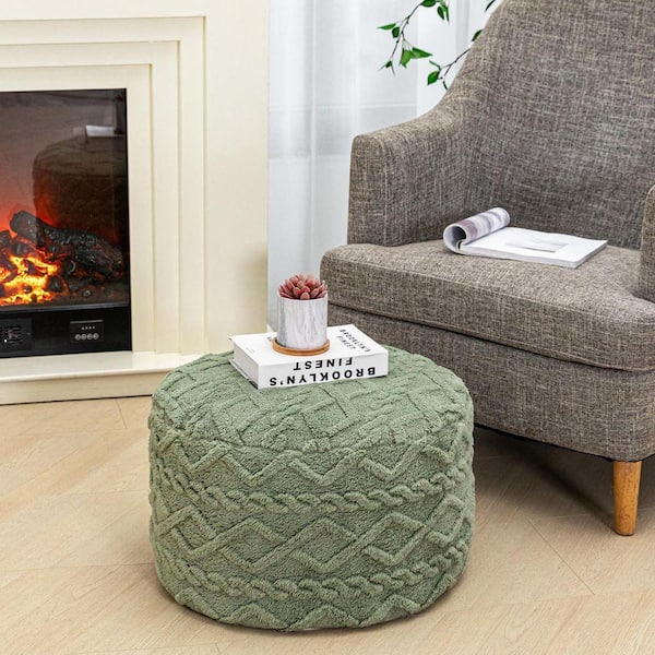 Suede Sage Green Plush Fiber Upholstered Round Foam Pouf Ottoman