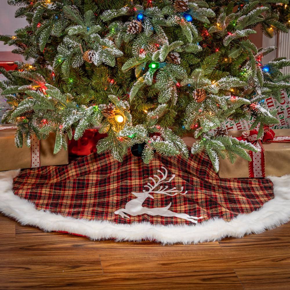 Red and White Faux Fur Plaid Tree Skirt with Reindeer Applique