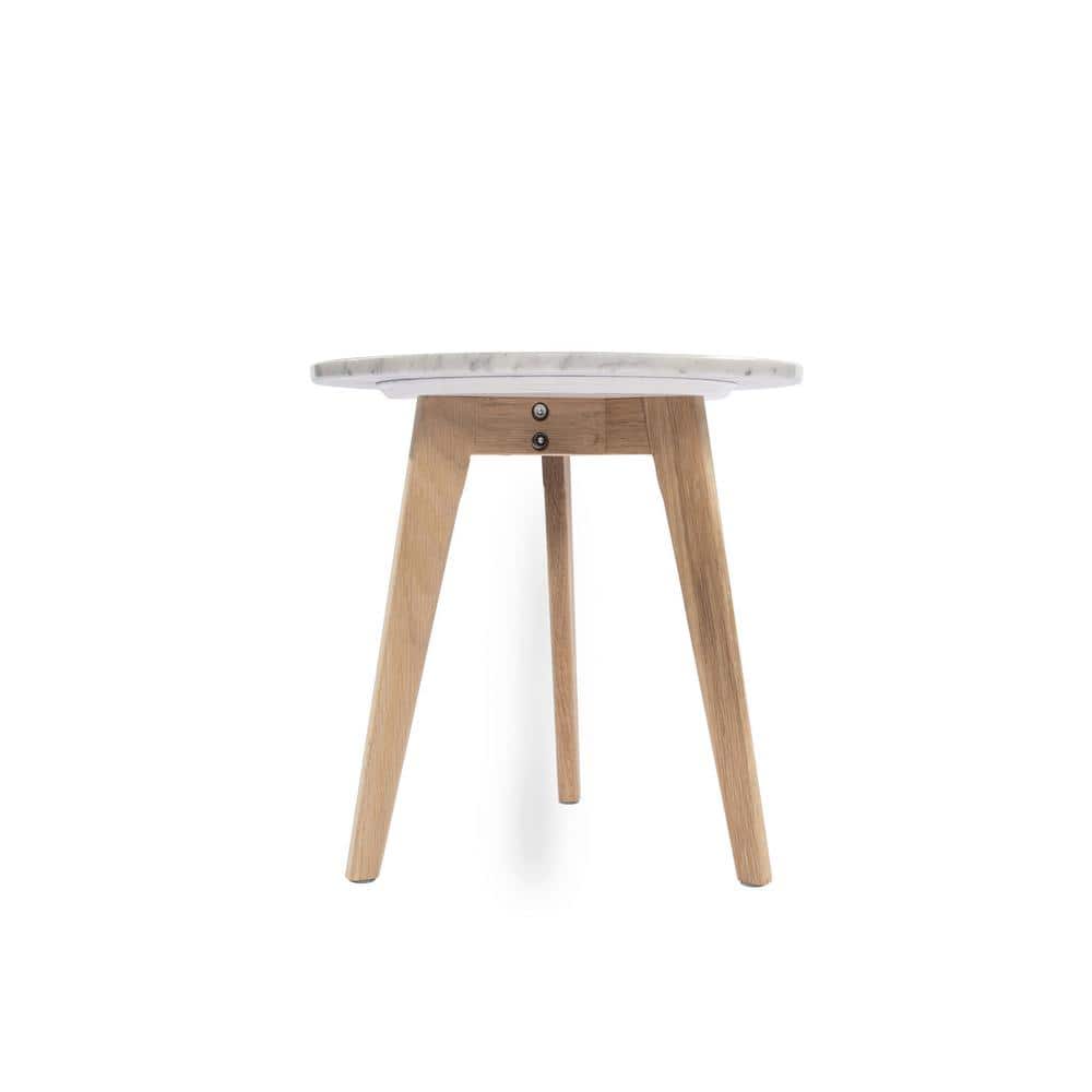 16" Round Italian Carrara White Marble End Table with Oak Finish