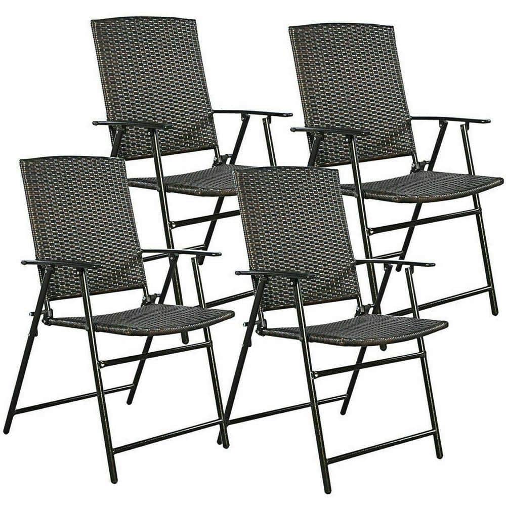 Folding Wicker Rattan Outdoor Patio Lounge Chairs (Set of 4)