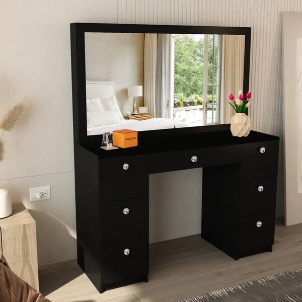 BOAHAUS Artemisia Black Finish, 7 Drawers 58 in. W Frameless Dresser with Mirror