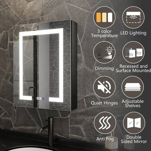 ShineX 20 in. W x 30 in. H Rectangular Black Aluminum Recessed/Surface Mount Left Medicine Cabinet with Mirror LED