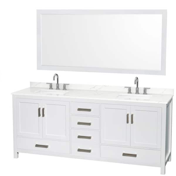 Wyndham Collection Sheffield 80 in. W x 22 in. D x 35 in. H Double Bath Vanity in White with Giotto Quartz Top and 70 in. Mirror