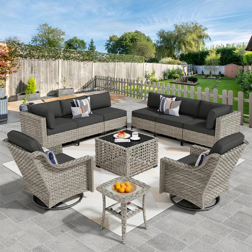 OVIOS Supery Gray 10-Piece Wicker Patio Conversation Set with Black ...