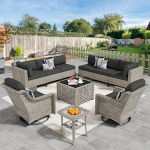 Supery Gray 10-Piece Wicker Patio Conversation Set with Black Cushions and Swivel Rocking Chairs