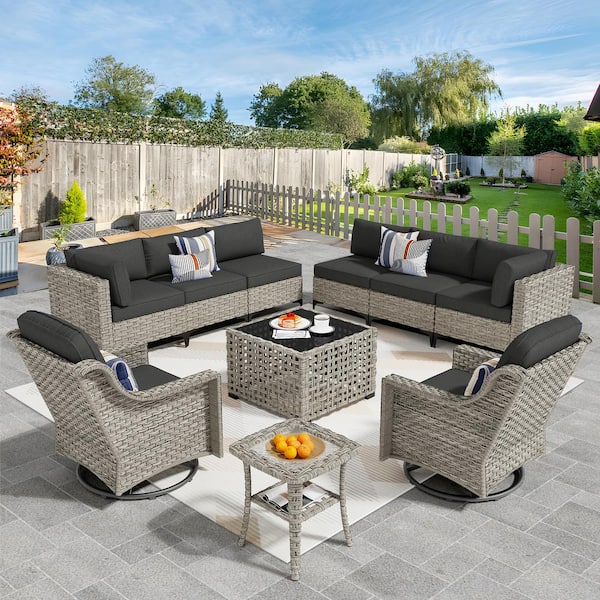OVIOS Supery Gray 10-Piece Wicker Patio Conversation Set with Black Cushions and Swivel Rocking Chairs