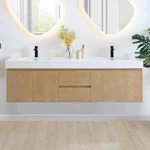 Siena 72 in. W Double Sink Floating Bath Vanity in Light Brown with White Stone Top