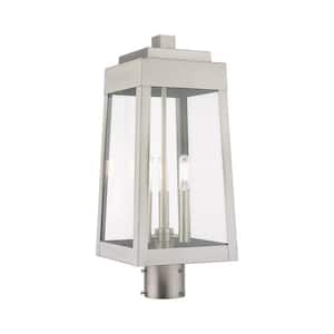 Vaughn 20.5 in. 3-Light Brushed Nickel Cast Brass Hardwired Outdoor Rust Resistant Post Light with No Bulbs Included