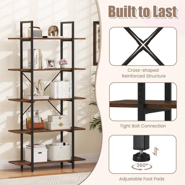 Bunpeony 5-Tier 62 Inch Tall Vintage Industrial Bookcase with Open