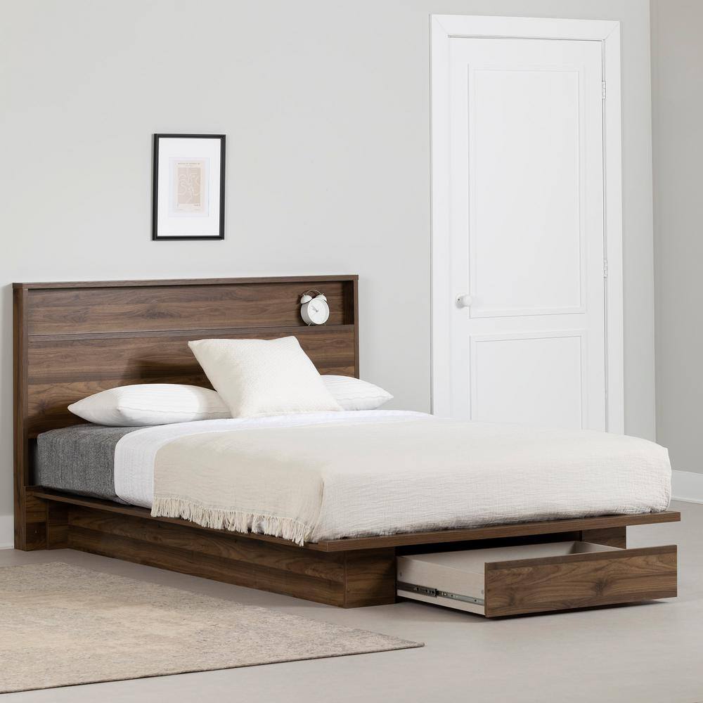 Natural Walnut Queen Bed with Storage Drawer and Headboard