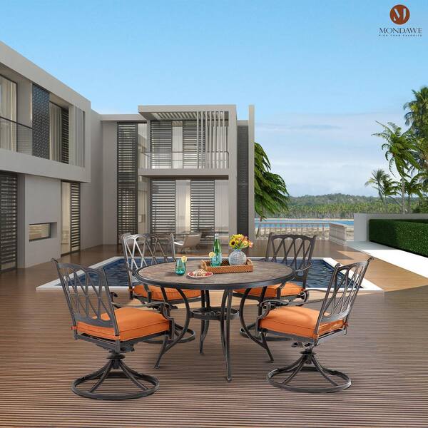 ceramic patio table with umbrella hole Mondawe Patio Round Aluminum Outdoor Dining Table Ceramic Tile Top Accent  Table with Umbrella Hole MO-TA14204-25