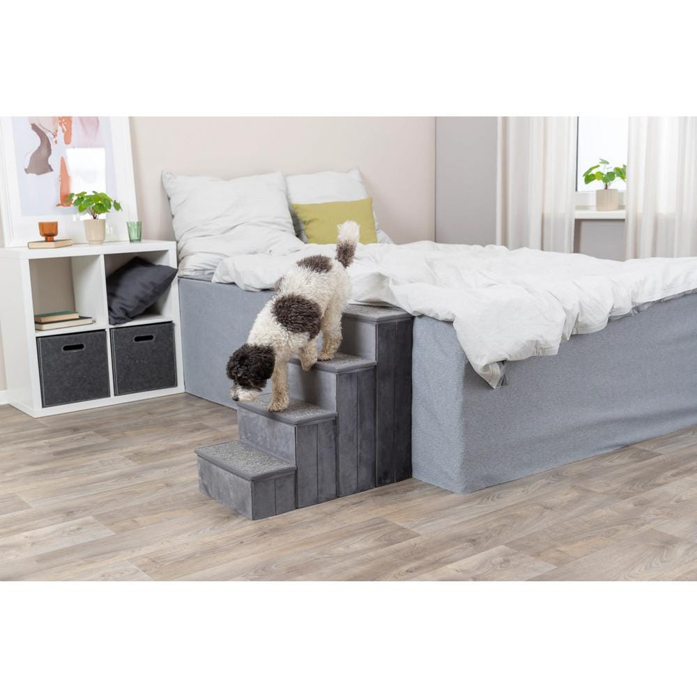 Gray Velour Foldable 4-Step Pet Stairs with Storage
