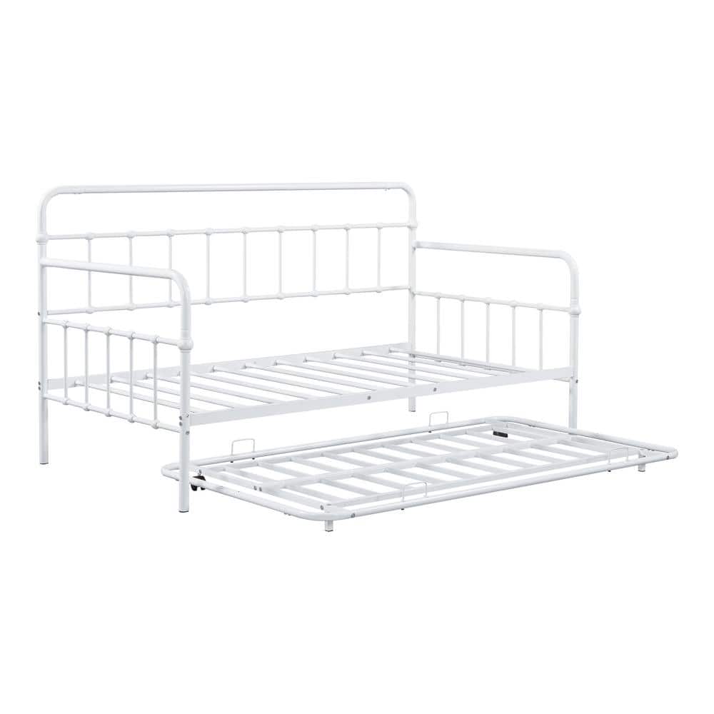 White Metal Twin Daybed with Trundle and Drawer