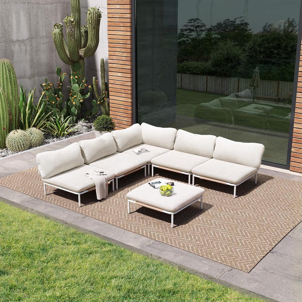 Outdoor Sectional Set 6 Pieces Patio Furniture Set with 12 Beige Cushions and 6 Removable Armrests for Outdoor Areas