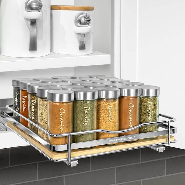 Lynk Professional Elite Pull Out Spice Rack Organizer for Cabinet,10-1/4 in. Wide, Wood-Chrome, Silver