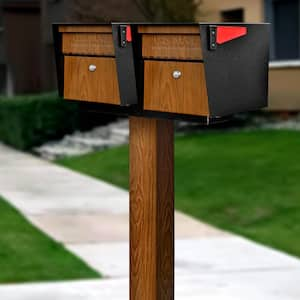 Mail Manager X2 Locking Mailbox Combo Kit with In-Ground Post, Wood Grain & Black, 2 Compartment High Security Cluster