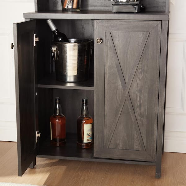 FUNKOL 26.89inx15.87inx67.3in Charcoal Gray Minimalist MDF Ready to Assemble Kitchen Cabinet with Wine Rack and 2 Glass Doors