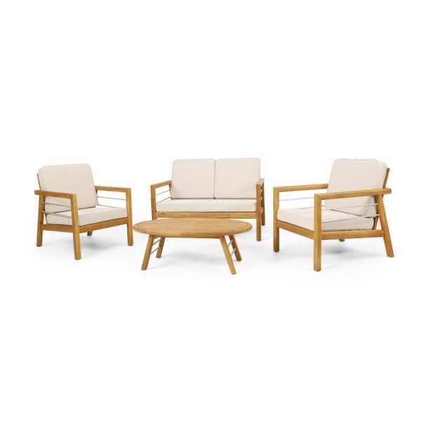 Noble House Mellie Teak 4-Piece Wood Patio Conversation Set with Beige Cushions