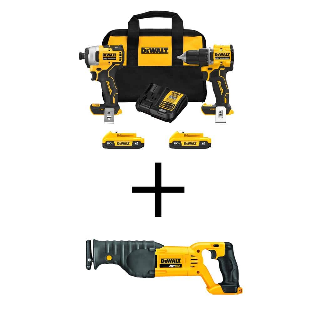 ATOMIC 20-Volt MAX Lithium-Ion Cordless Combo Kit (2-Tool) and Reciprocating Saw with (2) 2Ah Batteries, Charger and Bag -  DEWALT, DCK225D2WCS380B