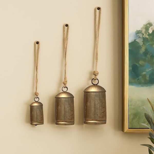 3-Pack Zaira 20 in. x 11 in. Antique Gold Decorative Iron Cowbell with Metal Work