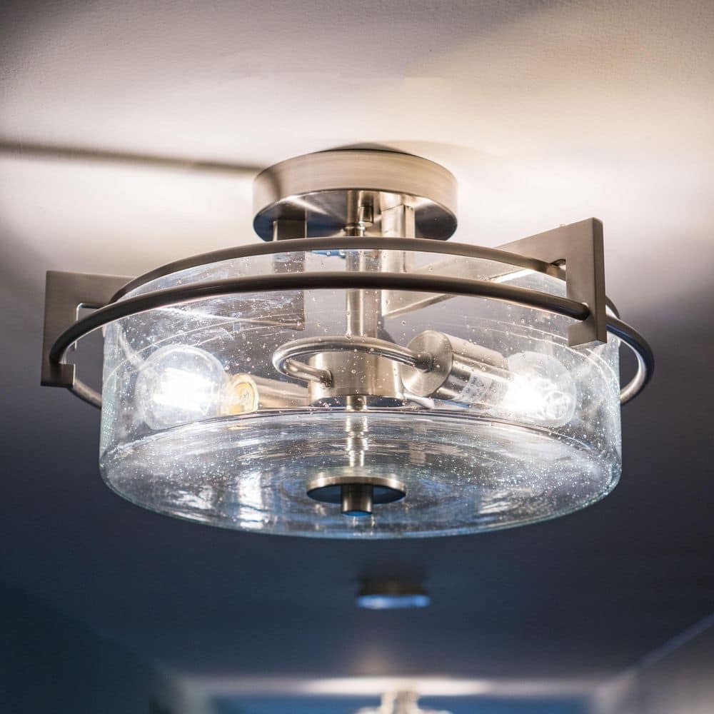 Satin Nickel 15" Drum Ceiling Light with Seeded Glass