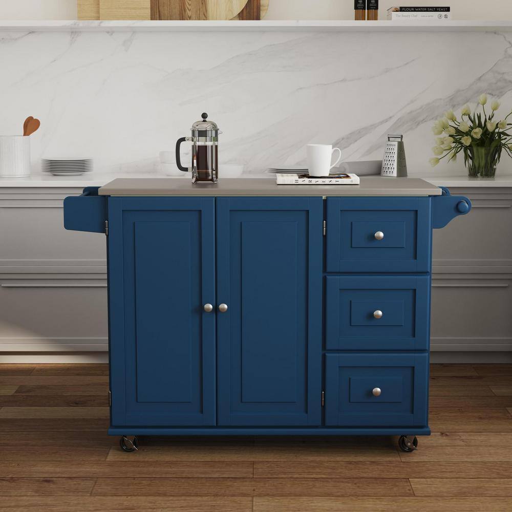Blue Stainless Steel Top Kitchen Cart with Spice Rack and Storage