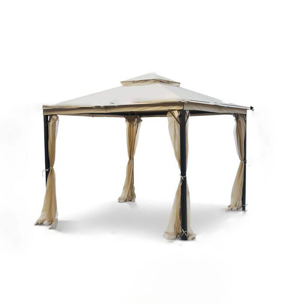 10 ft. x 10 ft. Beige Metal Gazebo with Double Roof Canopy, Mosquito Net, f