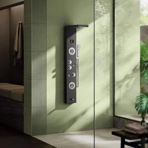 FORIOUS LED Rainfall Waterfall Shower Head Rain Massage System with Body Jets Bathroom Shower Panel Tower System, Matte Black