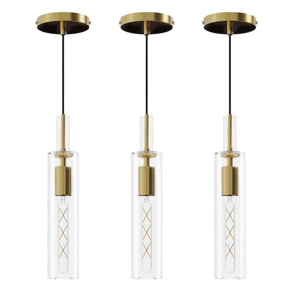 1-light Gold Adjustable Modern Pendant Light Hanging Lighting with Clear Glass Shade, No Bulbs Included (Set of 3)