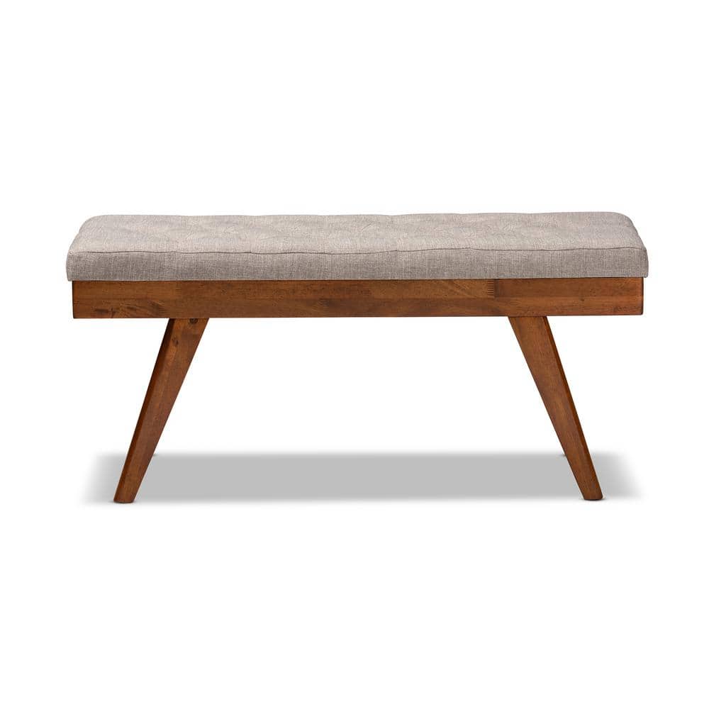 Alona Mid-Century Walnut Brown and Light Grey Fabric Dining Bench