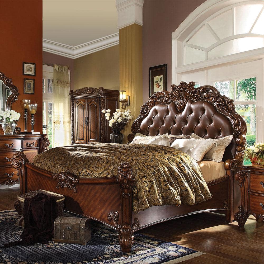 Chantelle Queen Bed with Tufted Faux Leather Headboard in Rose Gold and White