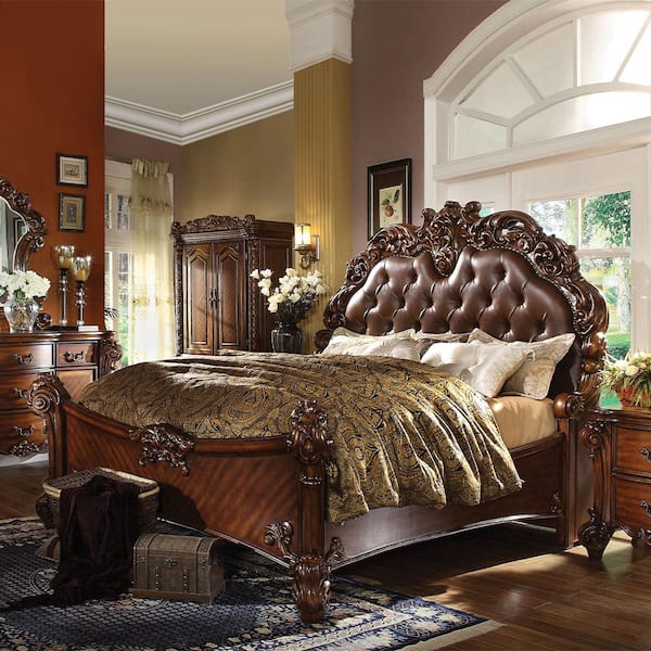 Acme Furniture Chantelle Rose Gold Synthetic Leather & Pearl White Wood Frame Queen Panel Bed