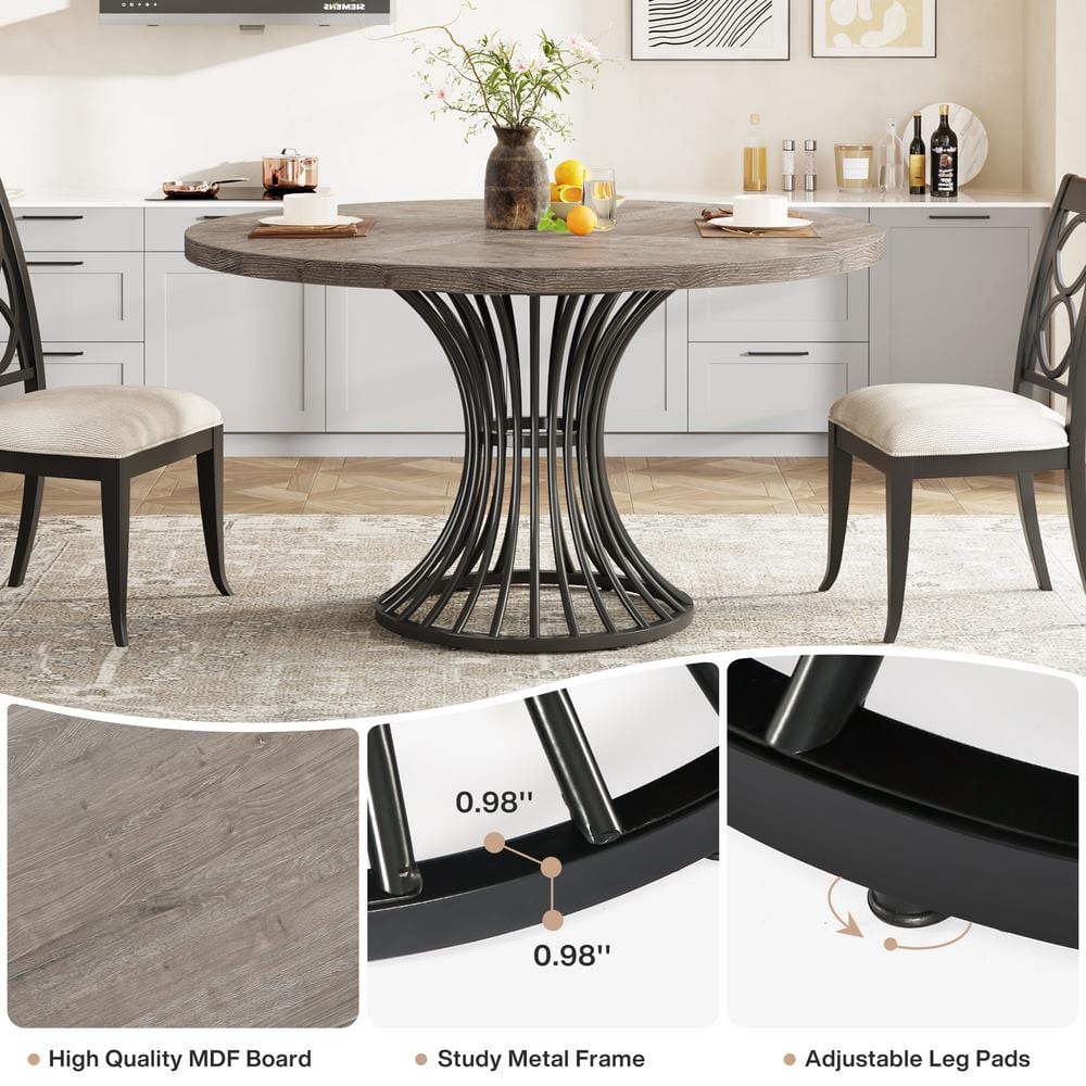 Gray 47-Inch Round Farmhouse Dining Table with Metal Base