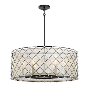 Sheer Elegance 6-Light Black Drum Pendant Light with Gold Organza Shade