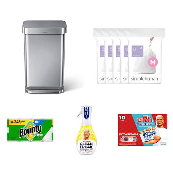 45L Step Trash Can, 45L Liners (100-Pack), Paper Towels (12 Rolls), Clean Freak Spray, Magic Erasers (10-Count)