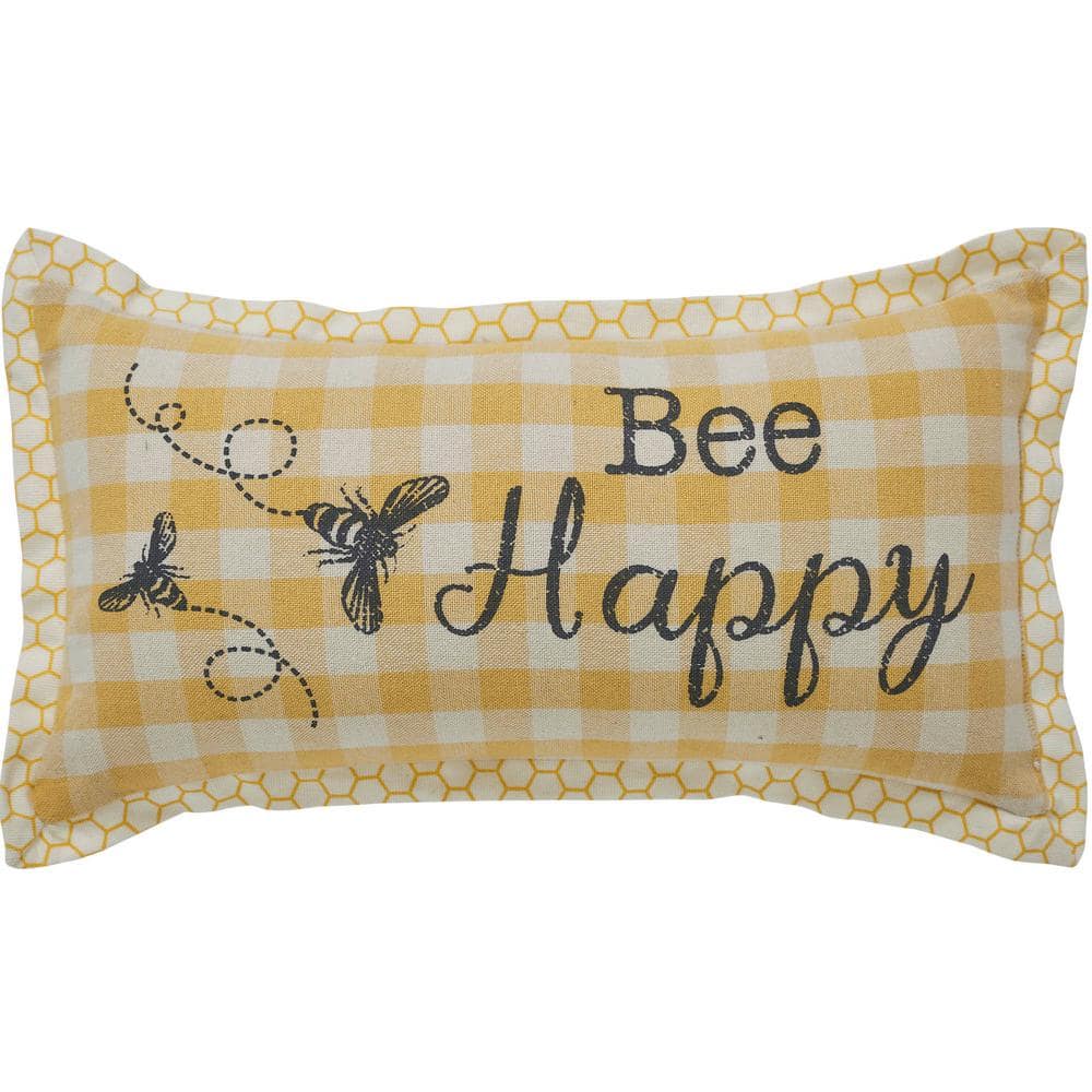 Bee Happy Yellow Plaid Cotton Rectangular Throw Pillow