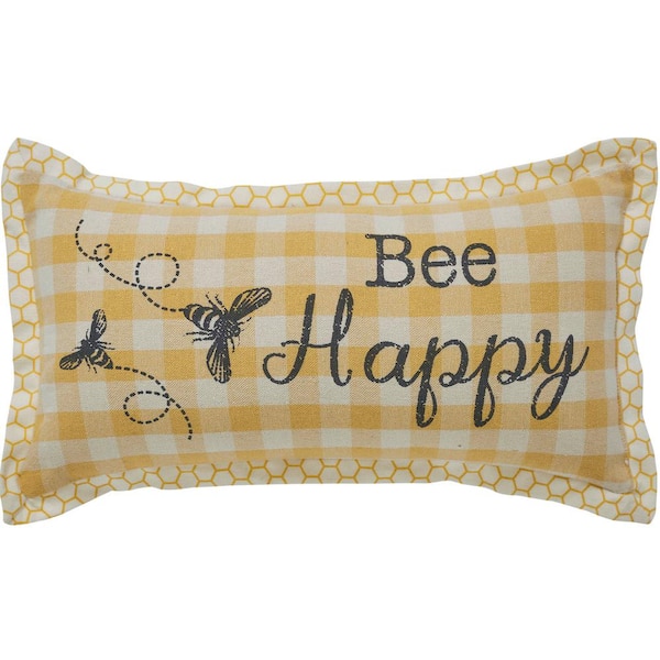 VHC BRANDS Buzzy Bees Yellow Antique White Grey Bee Happy 7 in. x 13 in. Throw Pillow