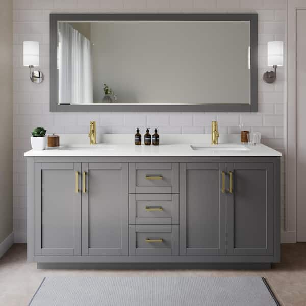 Wyndham Collection Miranda 72 in. W x 22 in. D x 33.75 in. H Double Bath Vanity in Dark Gray with White Quartz Top and 70 in. Mirror