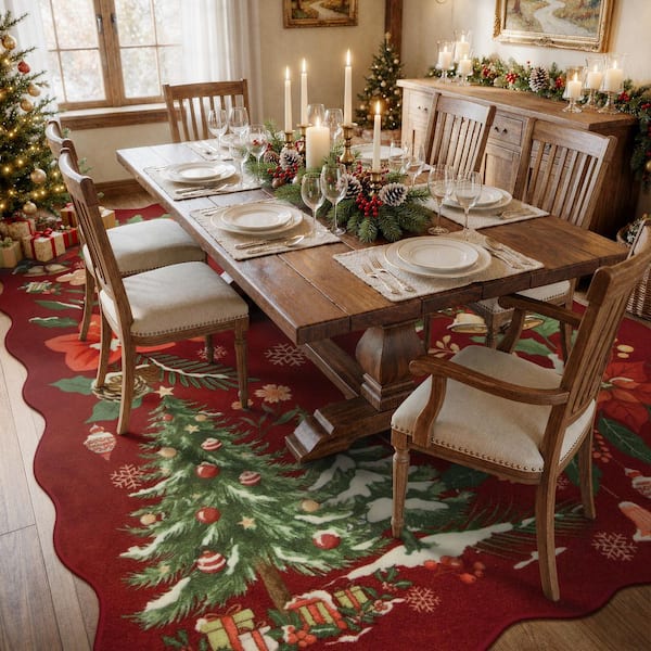 Washable Christmas Vintage Floral Scalloped Non Slip 8 ft. x 10 ft. Red Living Room Bedroom Indoor Area Rug