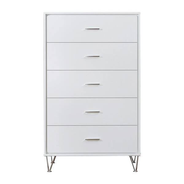 Benjara 5-Drawer White Contemporary Style Wooden Chest 52.4 in. H x 15.7 in. W x 31.5 in. L