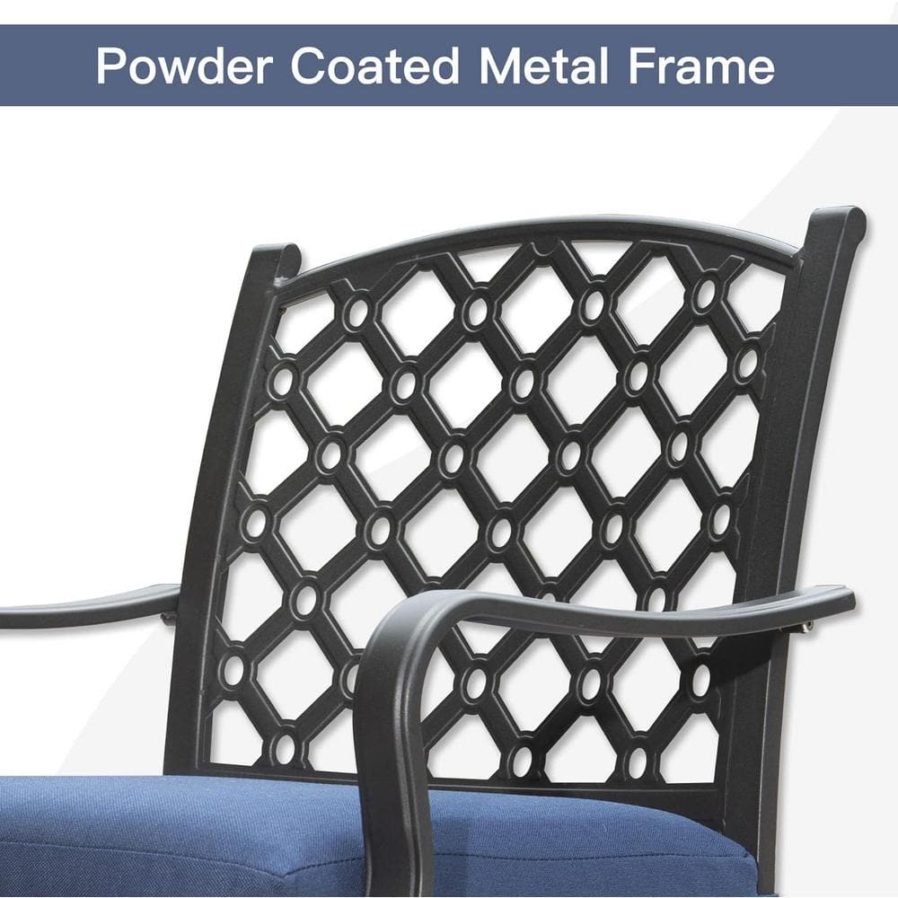 7-Piece Dark Brown Steel Outdoor Dining Set with Navy Blue Cushions